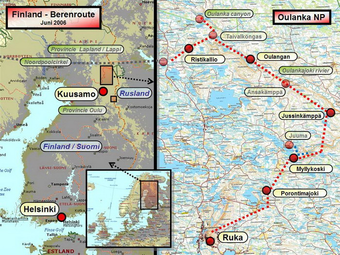 Reisroute / Kaart Het Nationale Park Oulanka is een veelzijdig wildernisgebied met moeraslanden, sparrenbossen, rivieren, meren en veel vogels. De berenroute oftewel karhunkierros  is een 80km lange populaire wandelroute. De route is voorzien van gratis trekkerhutten, schuilplaatsen en kampvuurtjes. Oulanka NP ligt aan de grens van de provincie Lapland en tegen de Russische grens en is gemakkelijk te bereiken via de binnenlandse luchthaven van Kuusamo. Stefan Cruysberghs